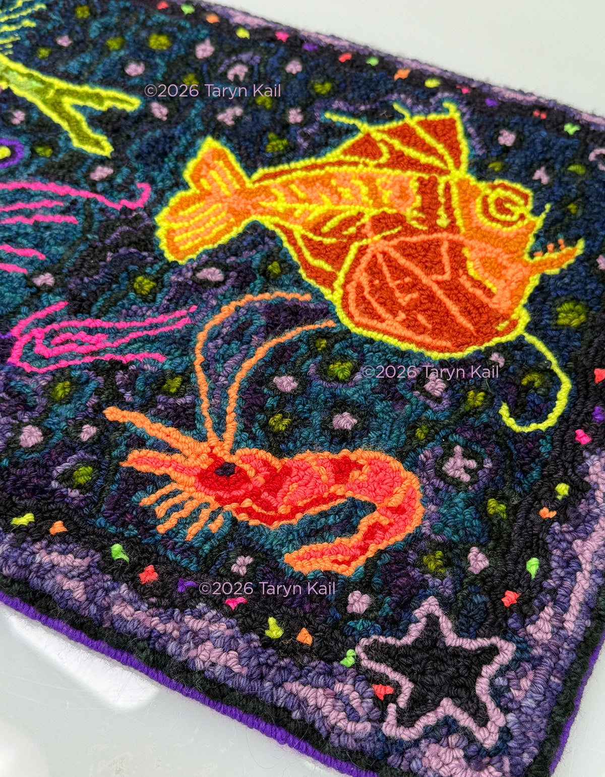 "Deep-Sea Starlight" Hand-Made 100% Wool Rug 14" x 24" by Taryn Kail