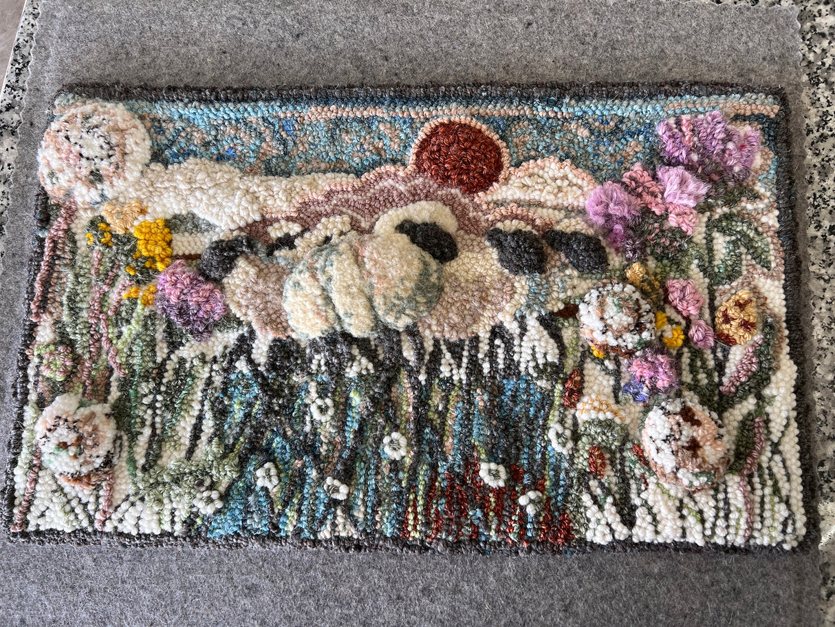 "The Sheepwalk" 14" x 24" Hand-Made 98% Wool 2% Sari Silk Rug 14" x 24" by Taryn Kail
