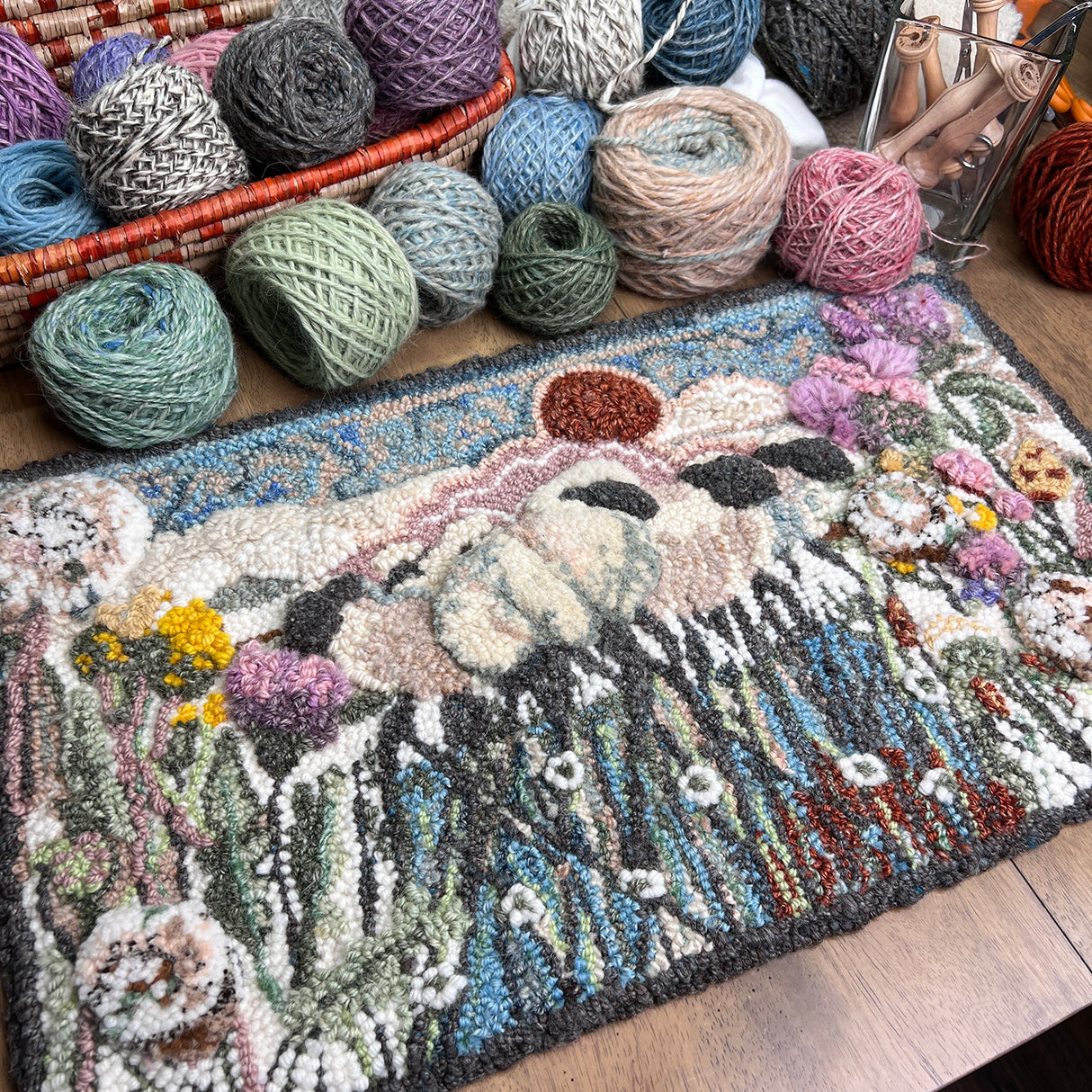 "The Sheepwalk" 14" x 24" Hand-Made 98% Wool 2% Sari Silk Rug 14" x 24" by Taryn Kail