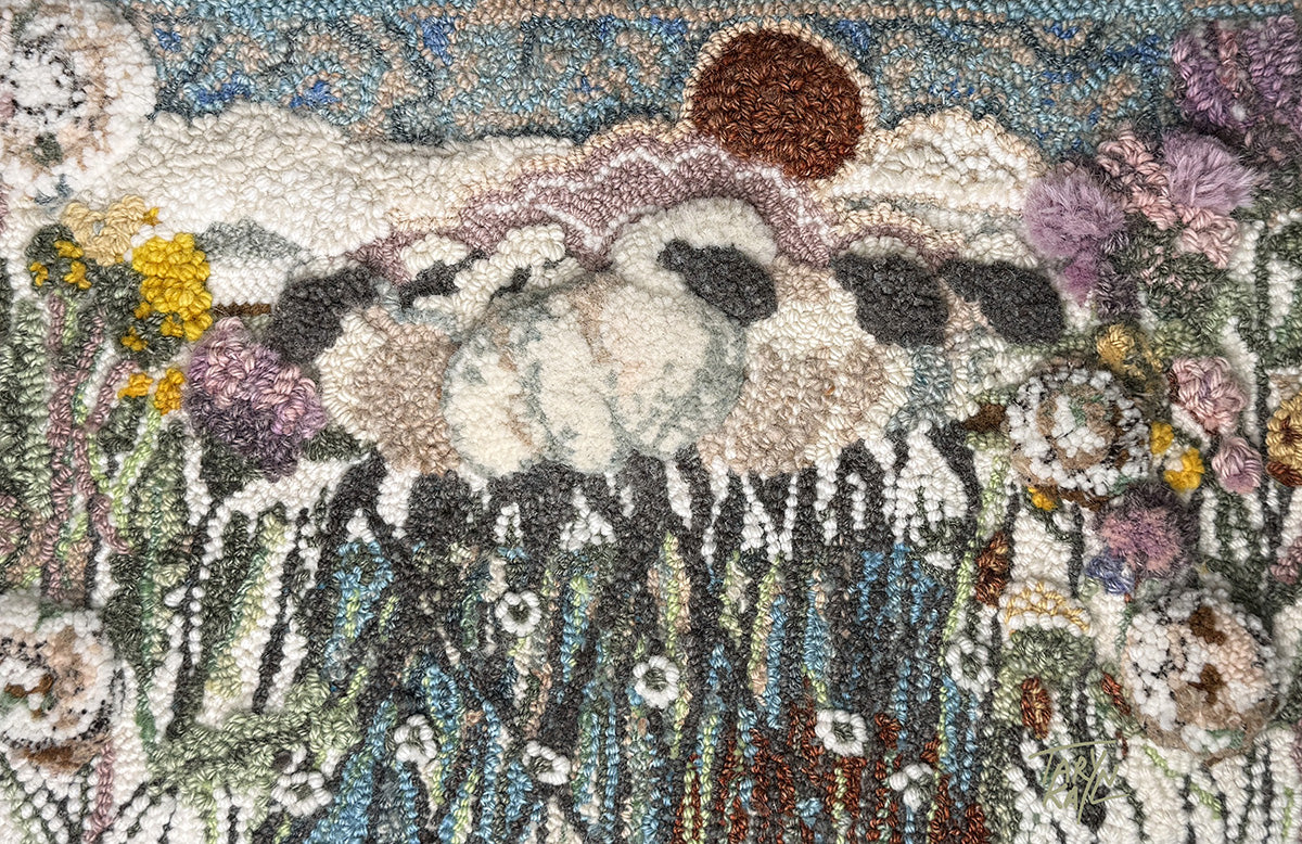 "The Sheepwalk" 14" x 24" Hand-Made 98% Wool 2% Sari Silk Rug 14" x 24" by Taryn Kail