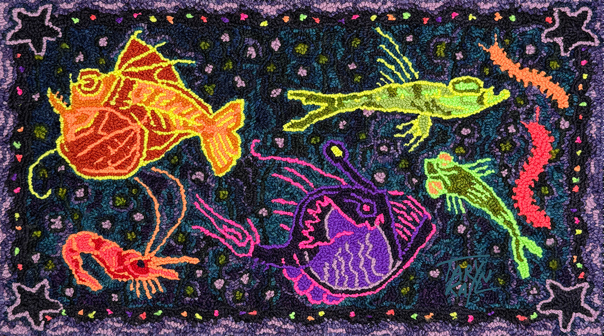 "Deep-Sea Starlight" Hand-Made 100% Wool Rug 14" x 24" by Taryn Kail