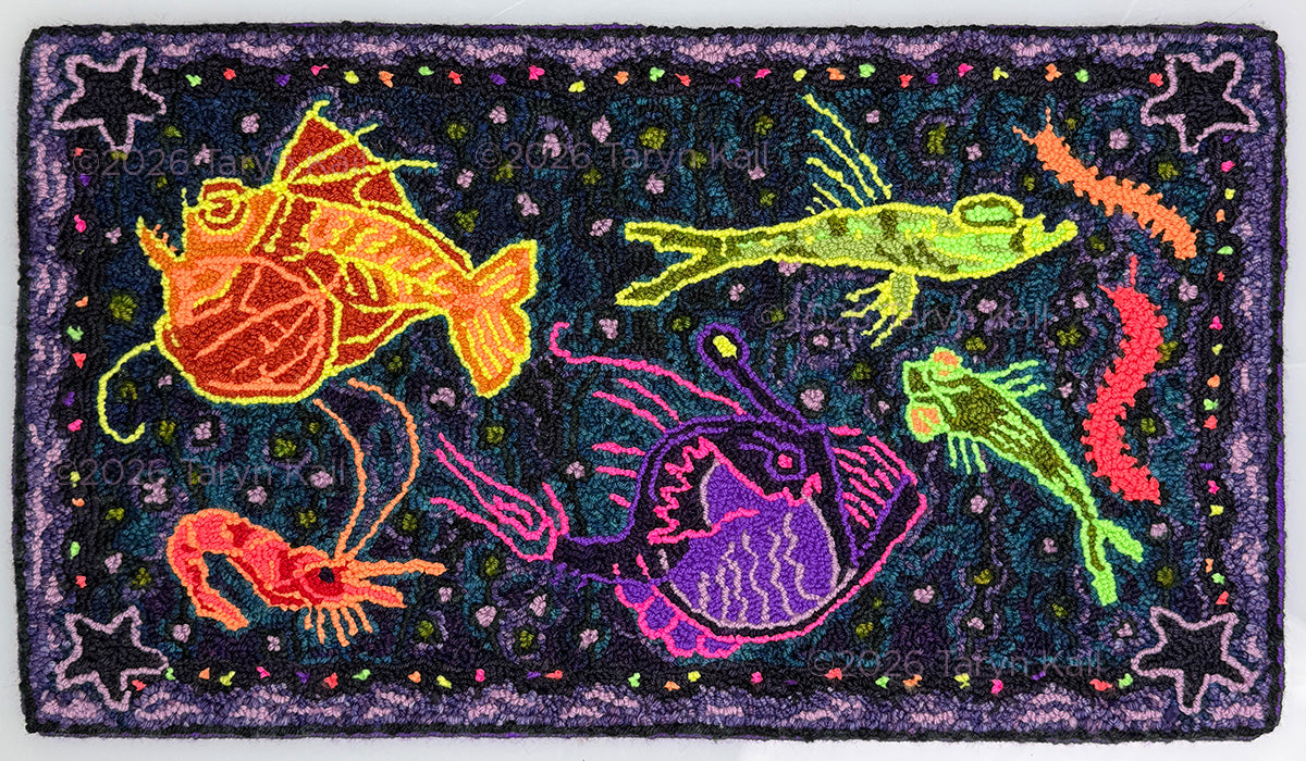 "Deep-Sea Starlight" Hand-Made 100% Wool Rug 14" x 24" by Taryn Kail
