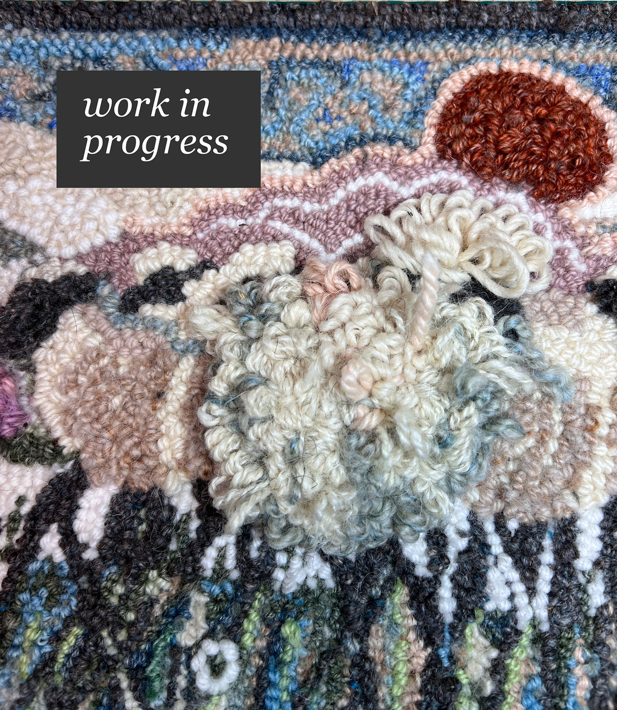"The Sheepwalk"  14" x 24" Hand-Made 98% Wool 2% Sari Silk  Rug 14" x 24" by Taryn Kail