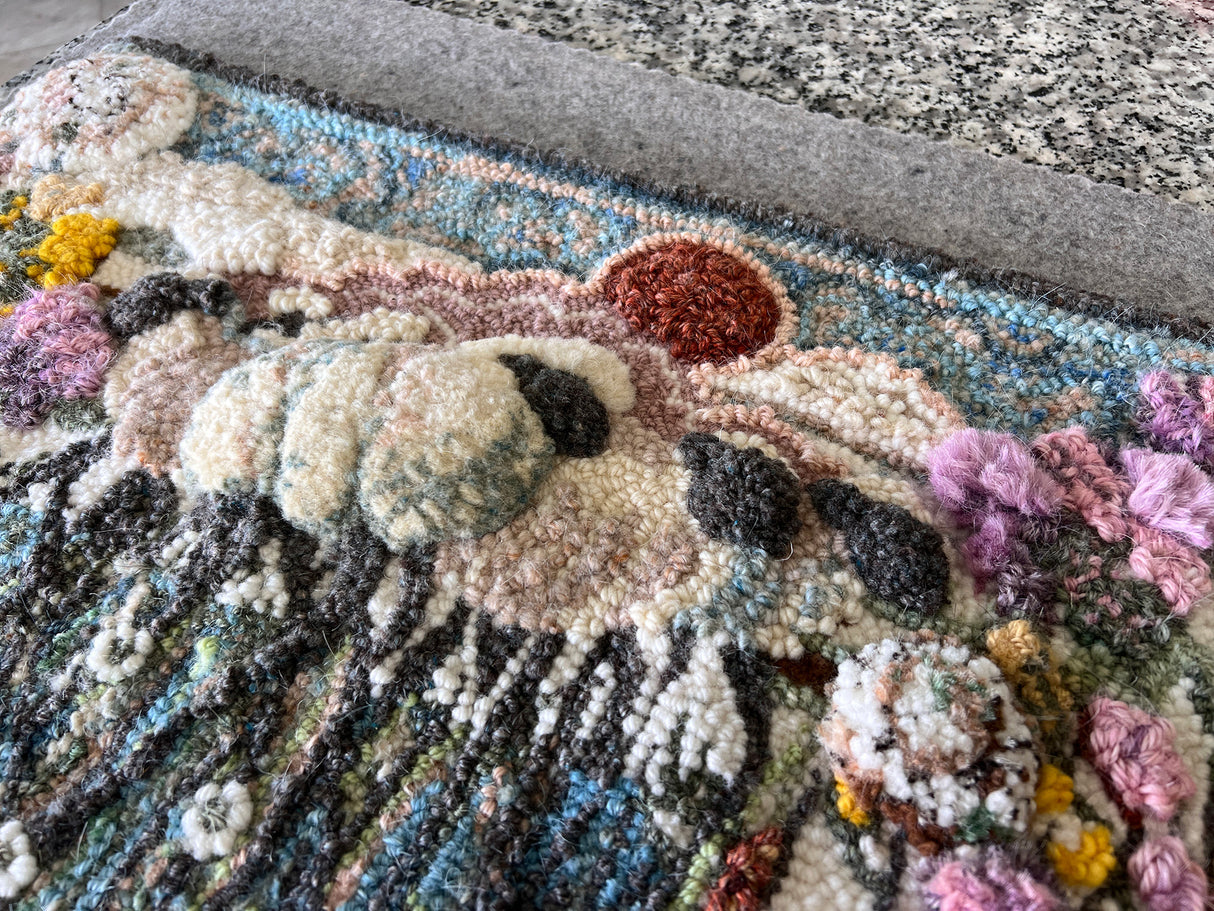 "The Sheepwalk"  14" x 24" Hand-Made 98% Wool 2% Sari Silk  Rug 14" x 24" by Taryn Kail