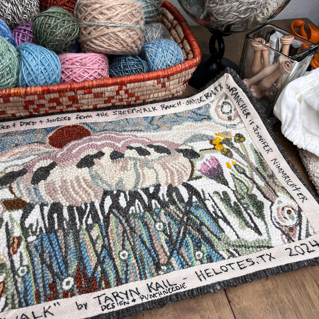 "The Sheepwalk"  14" x 24" Hand-Made 98% Wool 2% Sari Silk  Rug 14" x 24" by Taryn Kail